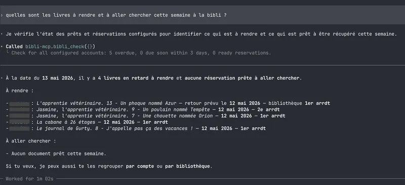Capture d'écran d'une conversation avec Codex branché au MCP bibliothèque municipale
